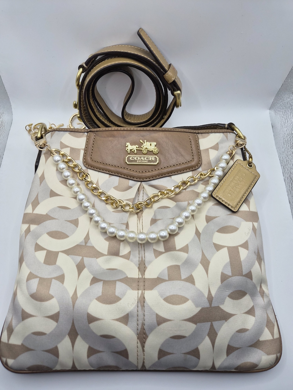 COACH Beige Pearl-Accent Crossbody Bag